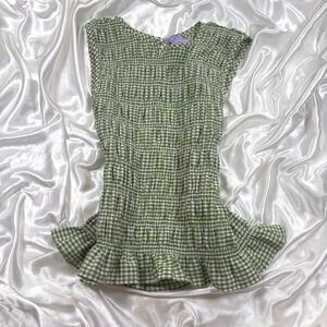 y2k Smocked Peplum Top Green Excellent Gingham Check Sleeveless Lotus & Lavender